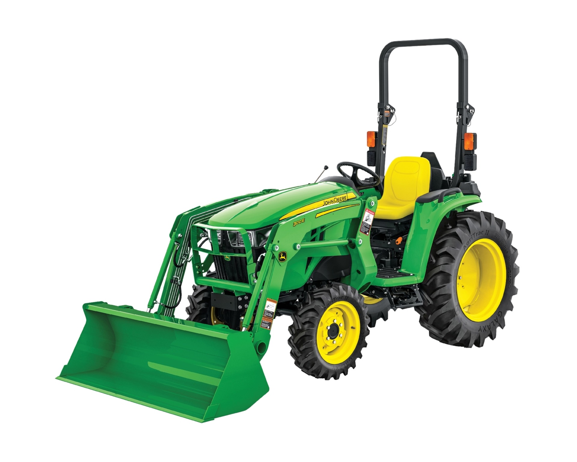 A John Deere 3038E tractor.