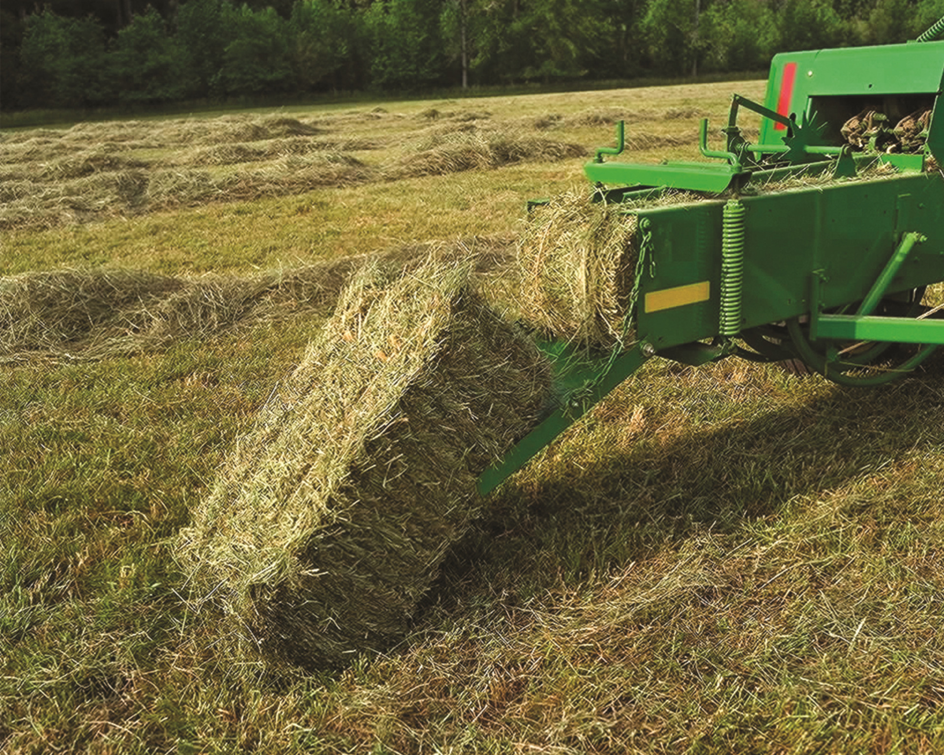 A small square baler makes hay bales on a farm in Texas.